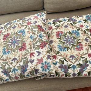 Vintage Aubusson Chain Stitch Handmade Pillows 16 x 16” Set of 2